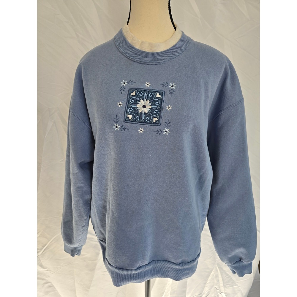 Top Stitch by Morning Sun‎ Womens Blue Embroidered Floral Sweatshirt Pullover  L